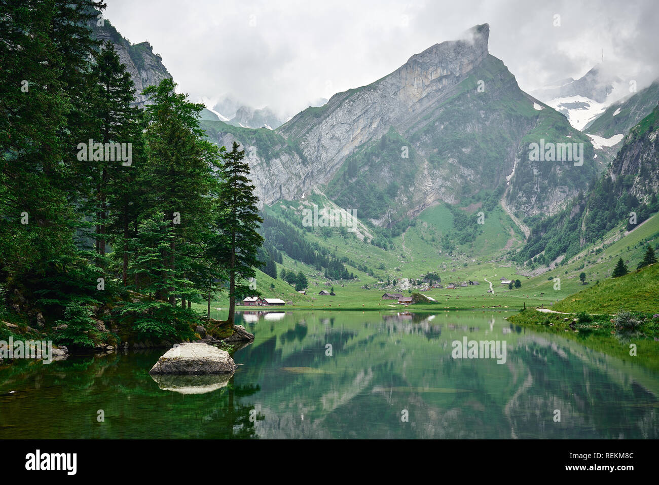 Landscapes shot from Seealpsee lake,in Alpstein mountains in Appenzell is a historic canton in the northeast of Switzerland. Stock Photo