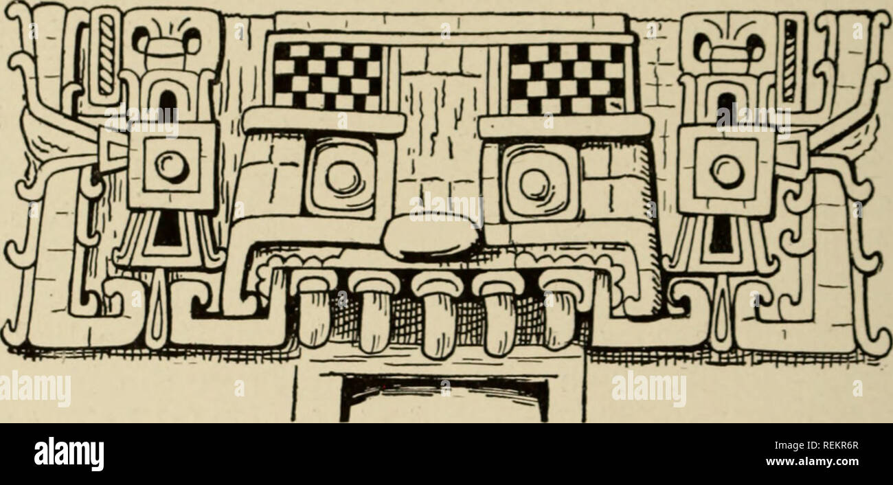 . Ancient civilizations of Mexico and Central America. Indians of Mexico; Indians of Central America. M MEXICO AND CENTRAL AMERICA or built up out of several nicely fitted blocks of stone. Grotesque faces also occur. In the later si vies,decoration consists largely of &quot;mask panels,&quot; which are grotesque front view faces arranged to till rectangular panels, but there is an increasing amount of purely geometric ornament. The masked panels represent in most instances a highly elab- orated serpent's face which sometimes carries the. Fig. 22. Mask Panel over Doorway at Xkichmook. Yucatan.  Stock Photo