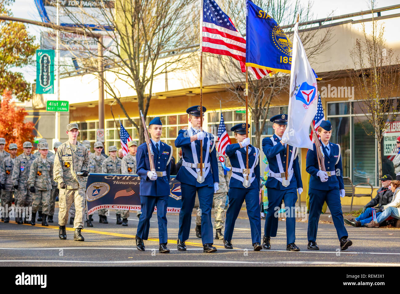 Portland, Oregon, USA - November 12, 2018: The annual Ross Hollywood Chapel Veterans Day Parade, in northeast Portland. Stock Photo