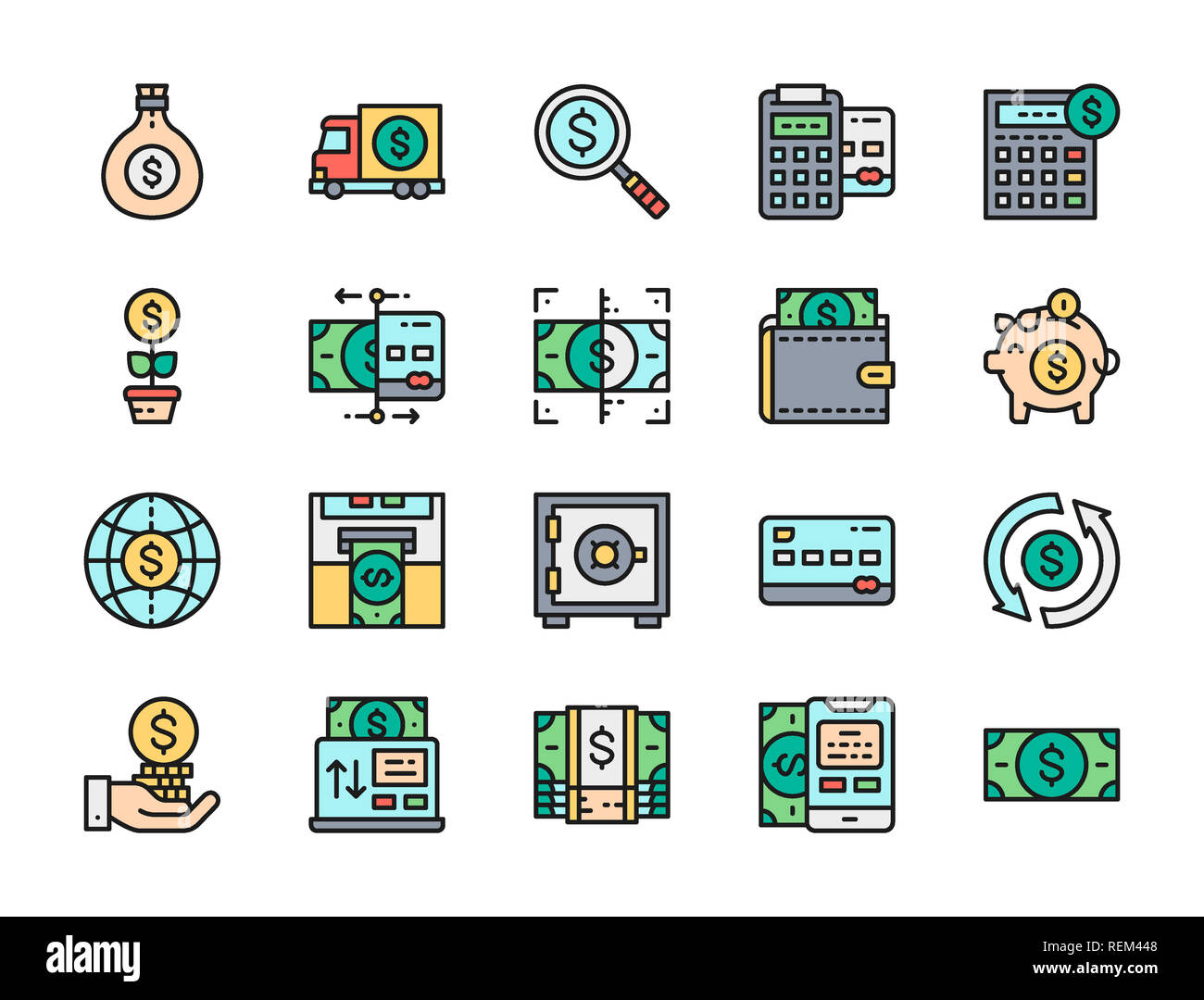 Set Of Money And Banking Flat Color Line Icons Credit Card -