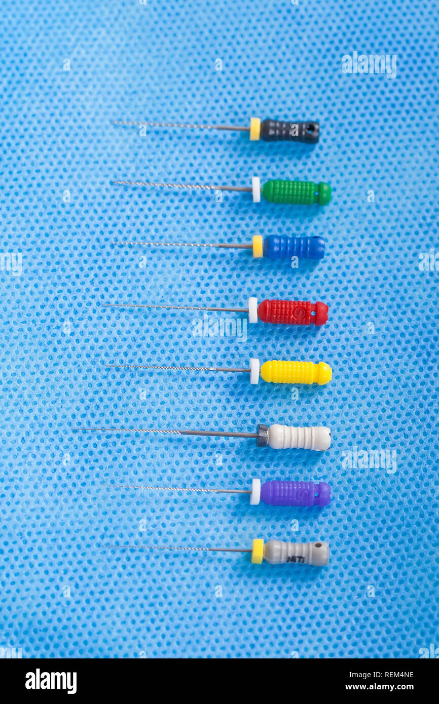 Macro picture of colored sterile endodontic files Stock Photo
