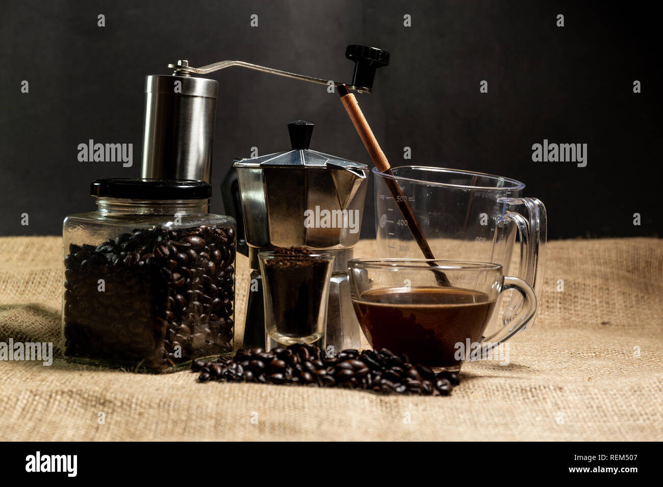 Coffee equipment Grinder, Pot and coffee bean Stock Photo Alamy