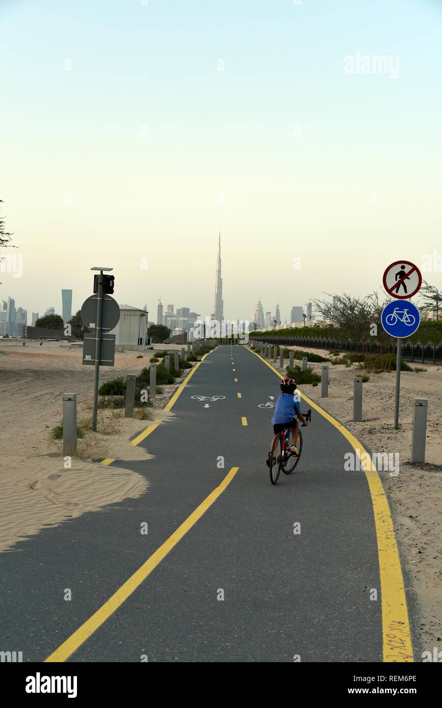 Dubai skyline from Nad Al Sheba bicycle track road Dubai United