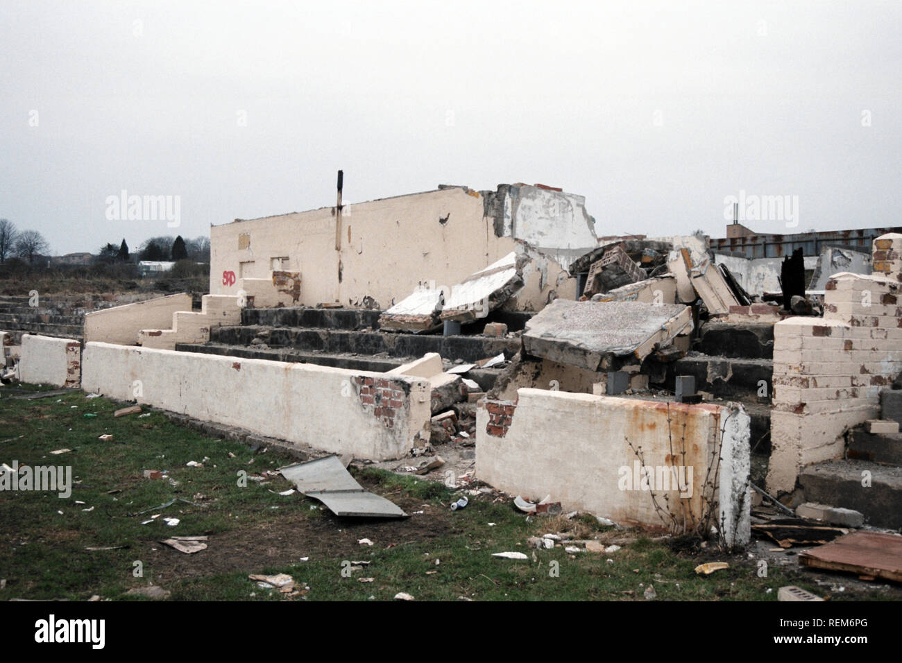 The derelict remains of Ferryhill Athletic FC Football Ground, Darlington Road, Ferryhill