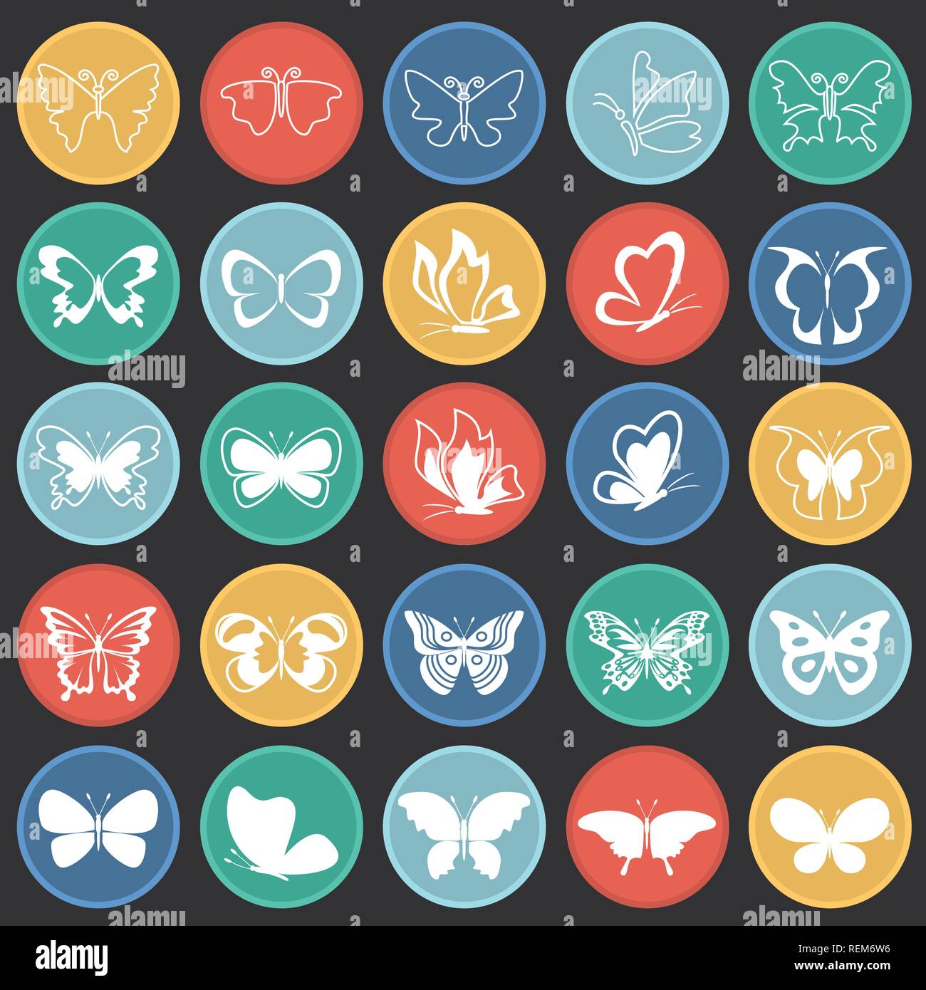 Butterfly icons set on color circles black background for graphic and ...