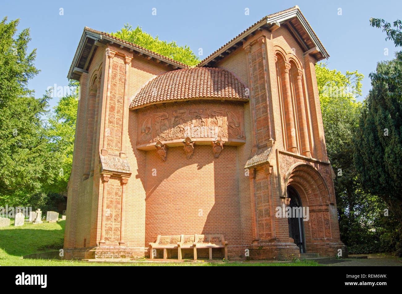 Exterior of the historic Watts Chapel in Compton, Surrey. A magnificent example of the Arts and Crafts movement of Victorian times there are hand made Stock Photo