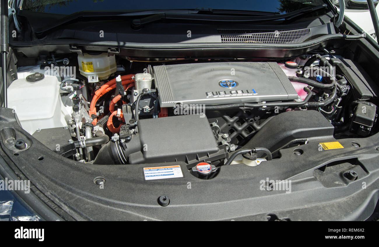 TEDDINGTON, UK - MAY 17, 2018:  Engine of a Toyota Mirai car which uses a hydrogen fuel cell for propulsion.  Rather than with petrol or diesel, the e Stock Photo