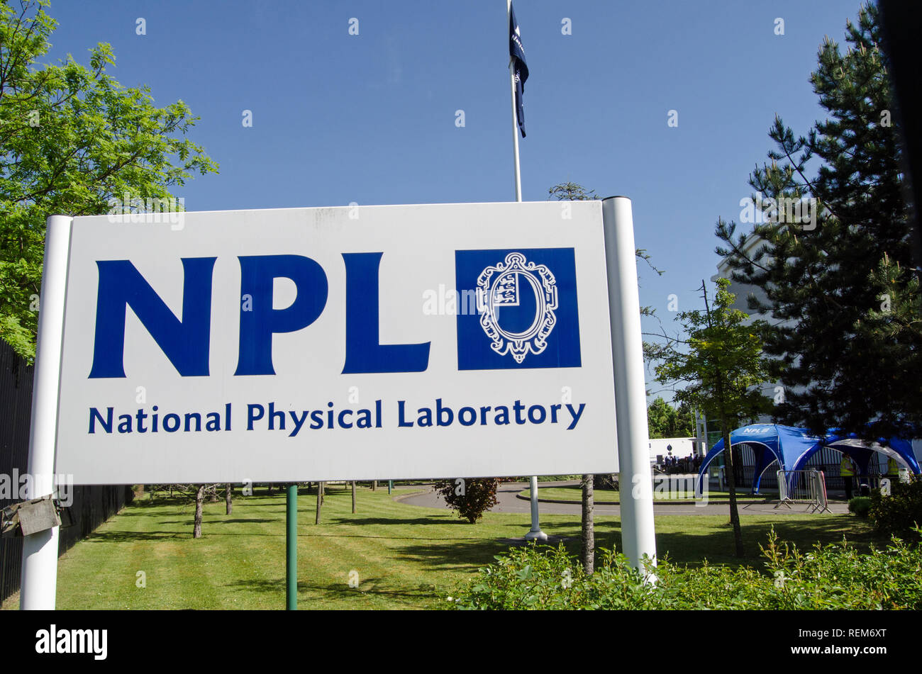 TEDDINGTON, UK - MAY 17, 2018:  Sign a the entrance for the National Physical Laboratory in Teddington, South West London.  Scientists here work on a  Stock Photo