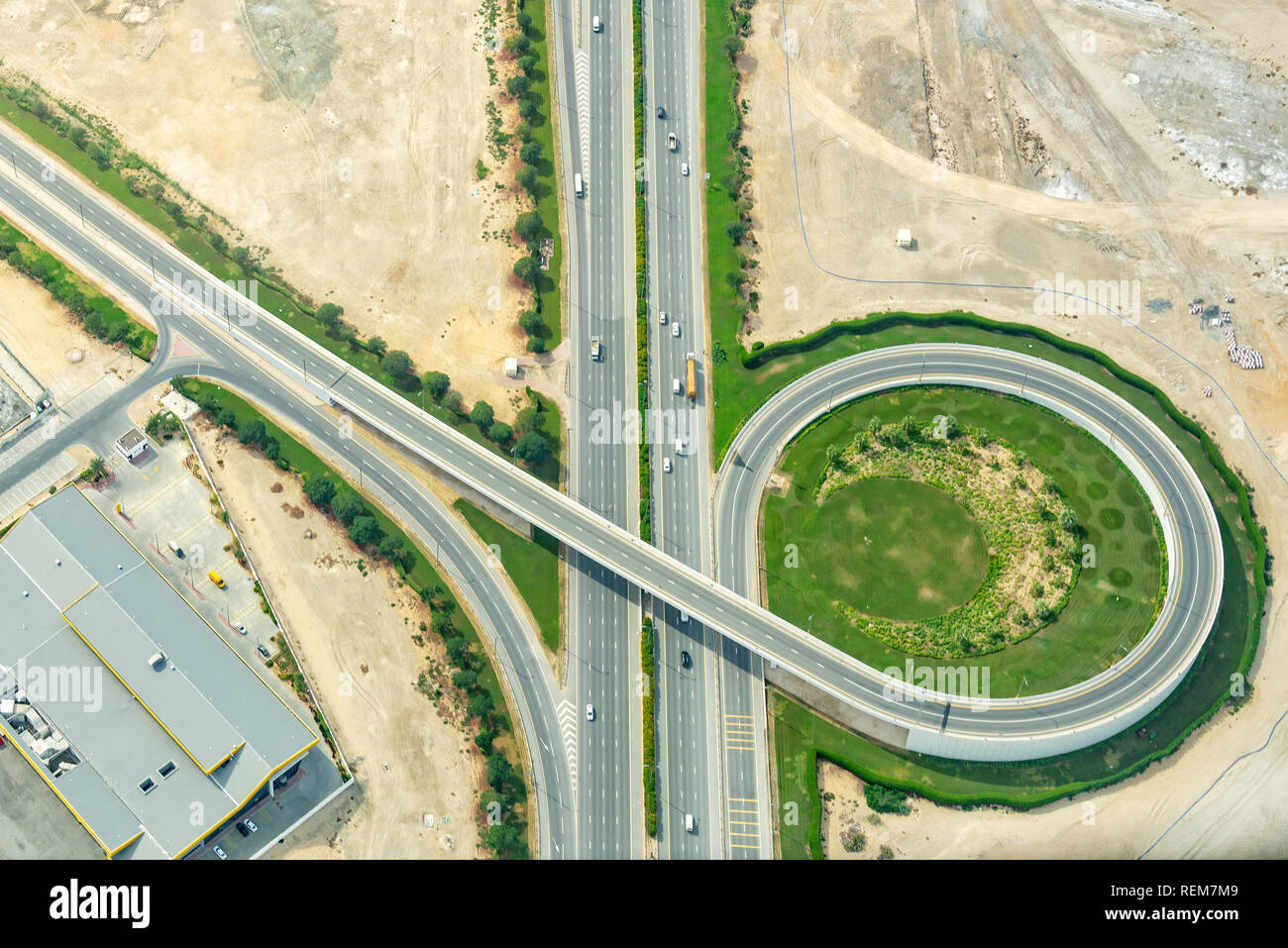Aerial view of a road interchange in Dubai, United Arab Emirates Stock Photo