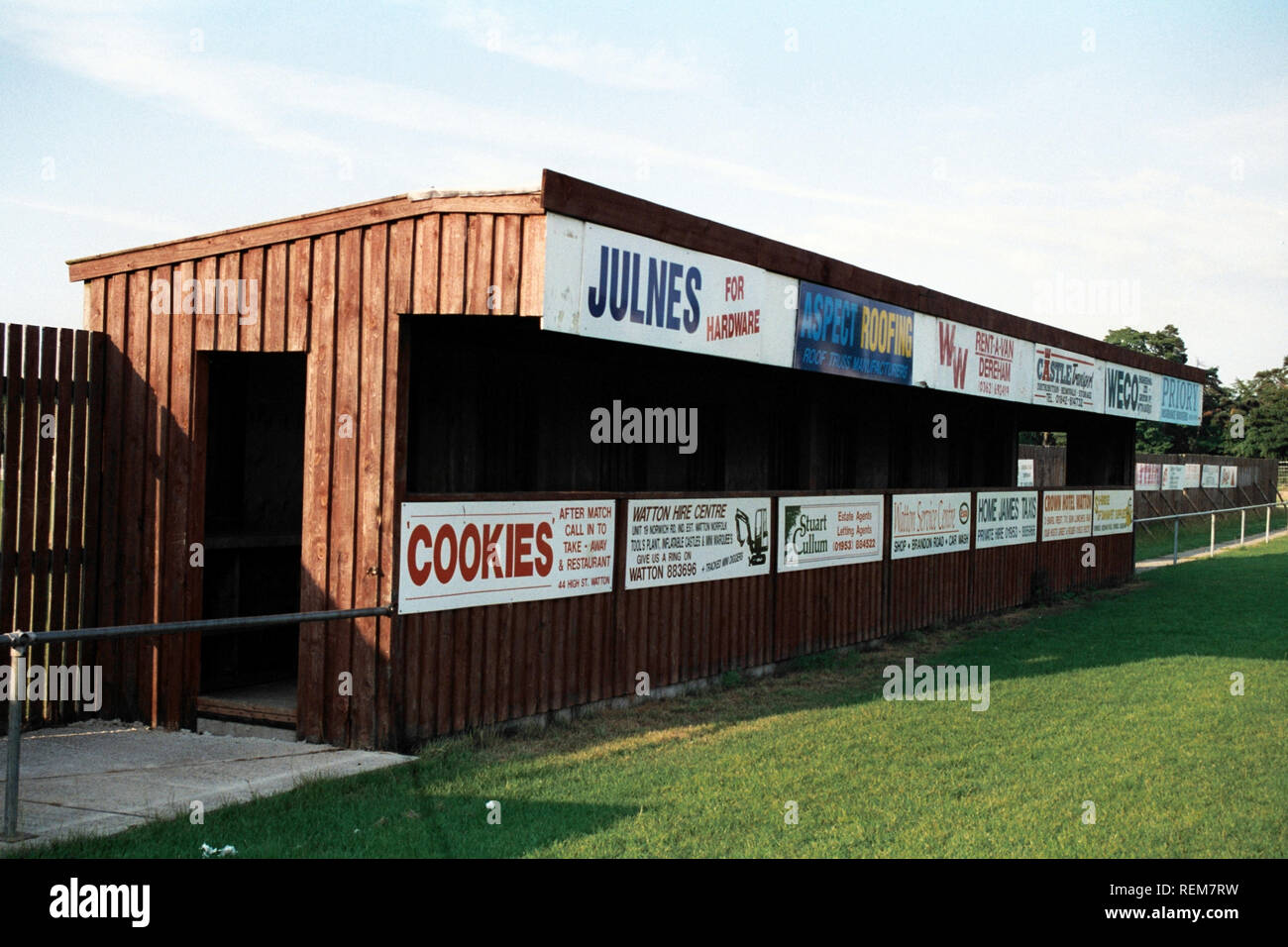 Covered area at Watton United FC Football Ground, Watton Sports Centre, Dereham Road, Watton, Norfolk, pictured on 4th August 1996 Stock Photo