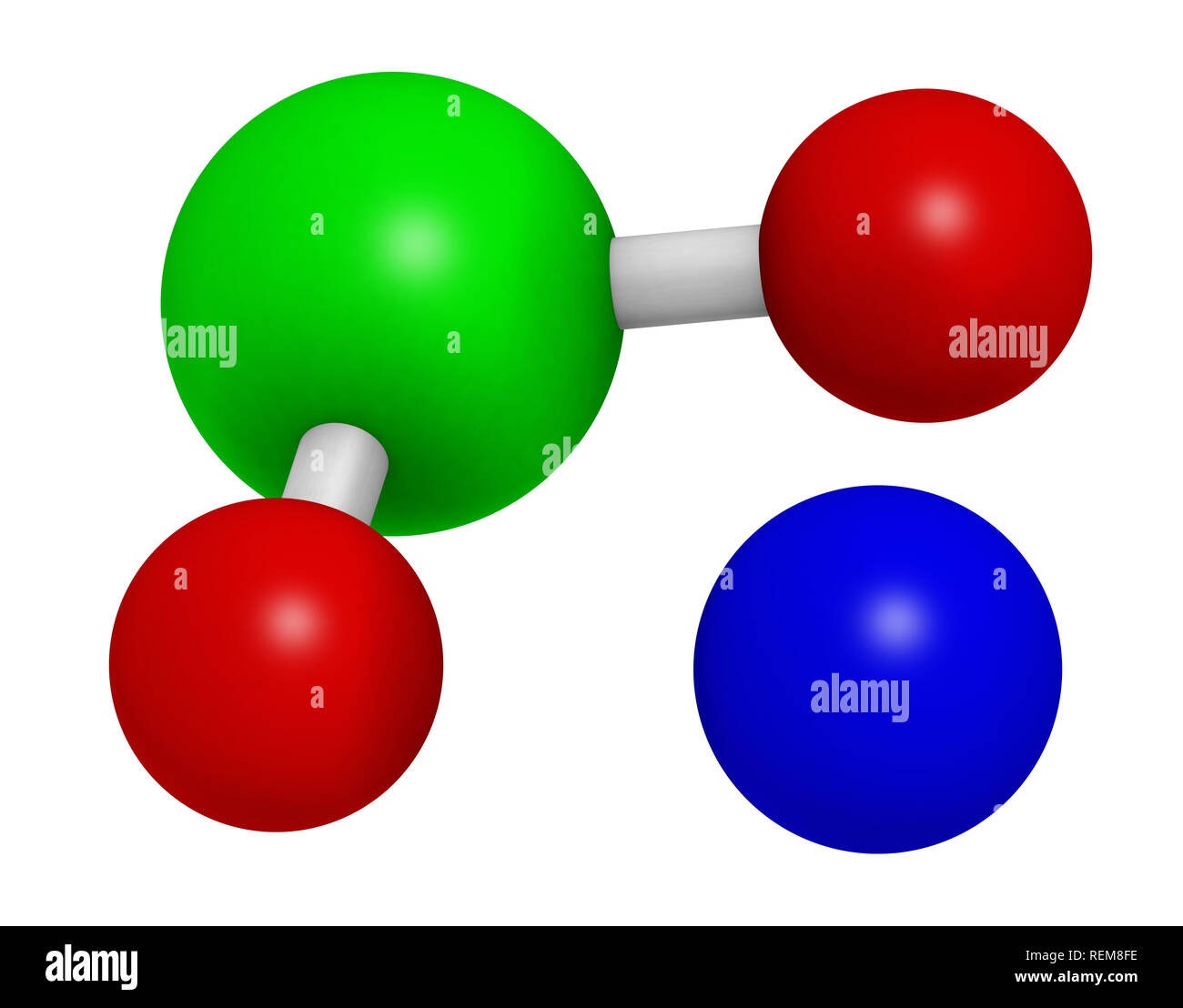 Sodium chlorite, chemical structure. 3D rendering. Atoms are