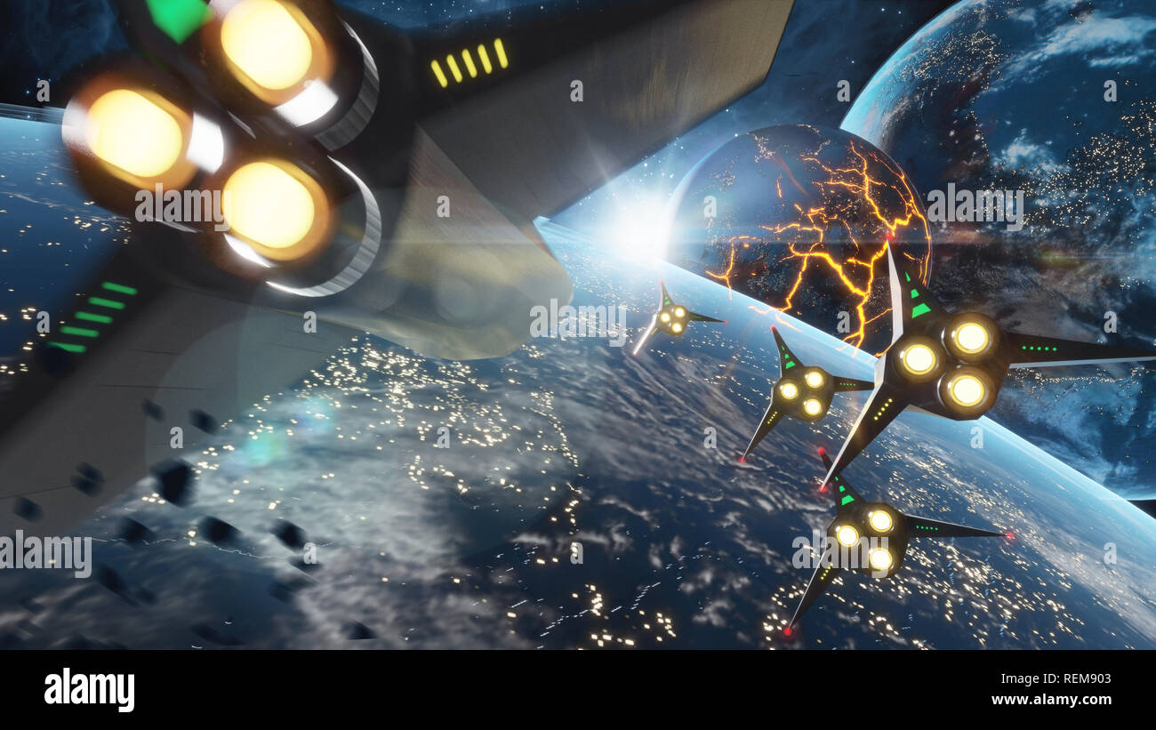 Five space ships flying to the collapsing planet. Sci-Fi concept. Elements of this image furnished by NASA Stock Photo