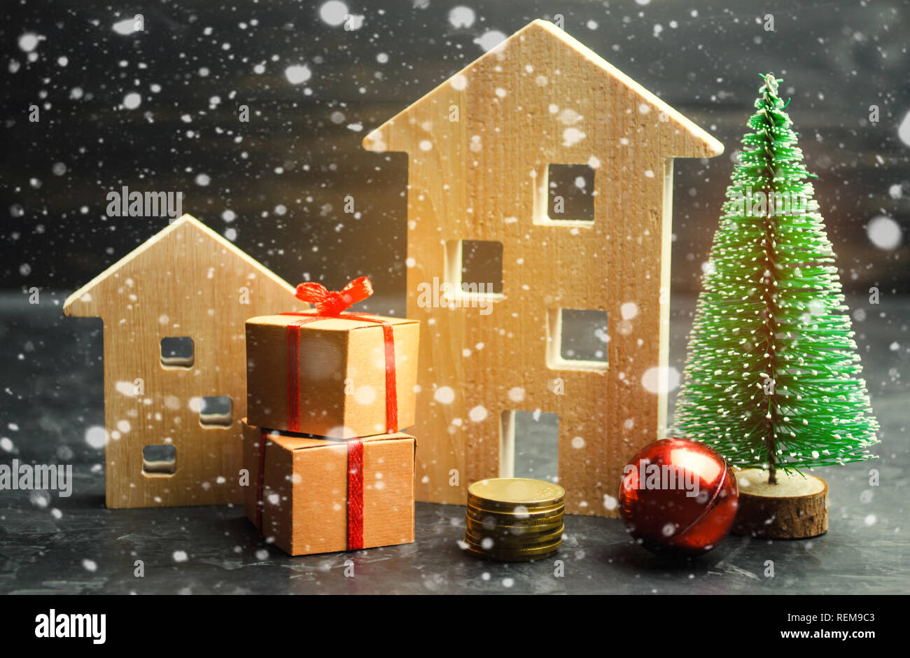 Wooden Houses And Christmas Tree Christmas Sale Of Real Estate