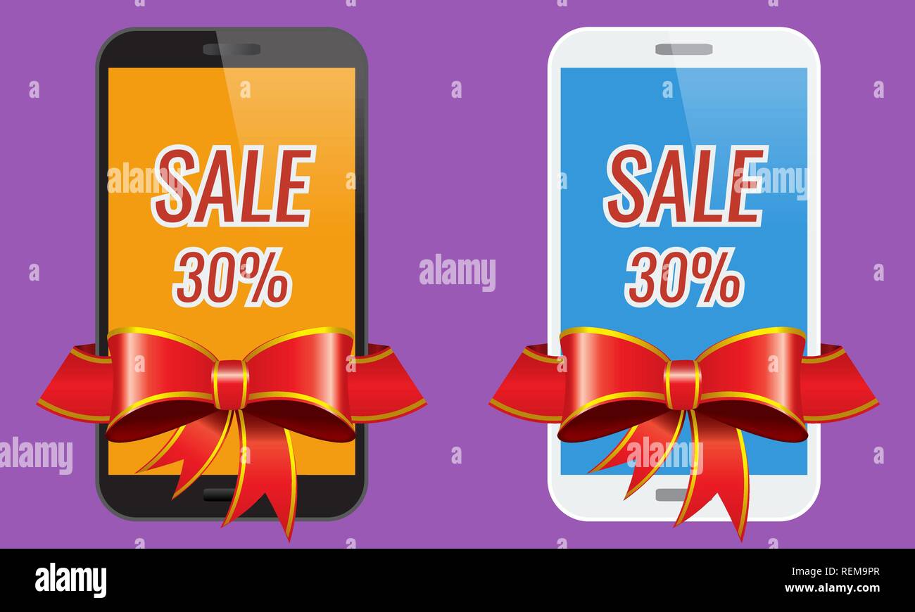 Two modern touch-screen mobile phones with ribbon sale banner. Stock Vector