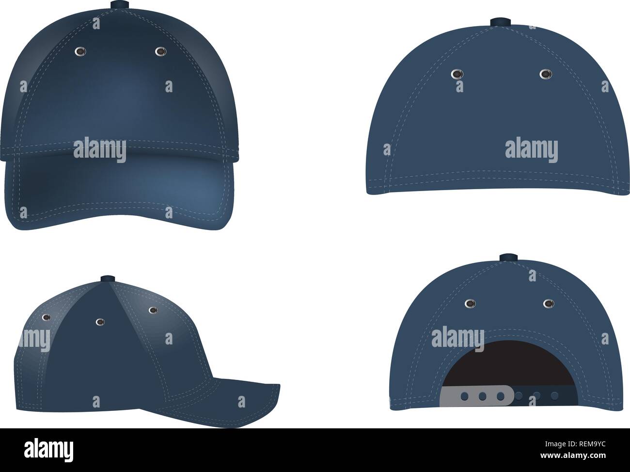 Vector realistic Baseball Caps - front, back and side views Stock Vector