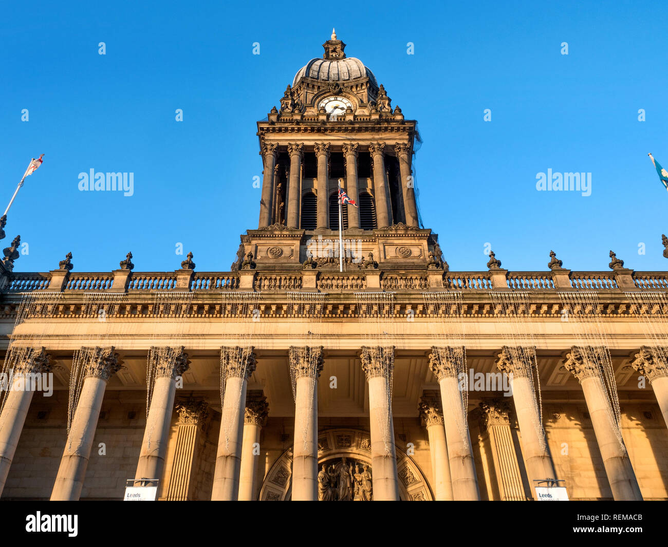 Fading winter afternoon light on the Town Hall in Leeds West Yorkshire England Stock Photo