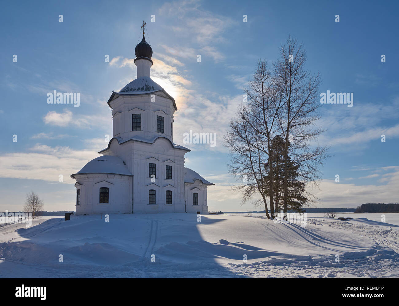 Winter view on the Church of Exaltation of the Holy Cross in russian orthodox monastery of the Nilo-Stolobenskaya Pustyn, Ostashkov district, Tver obl Stock Photo