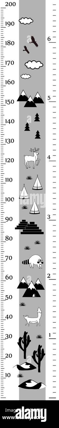 Vector height chart in minimalistic scandinavian style. Meter Wall or Height Meter, centimeter and Inch Scale. Black and white. Stock Vector