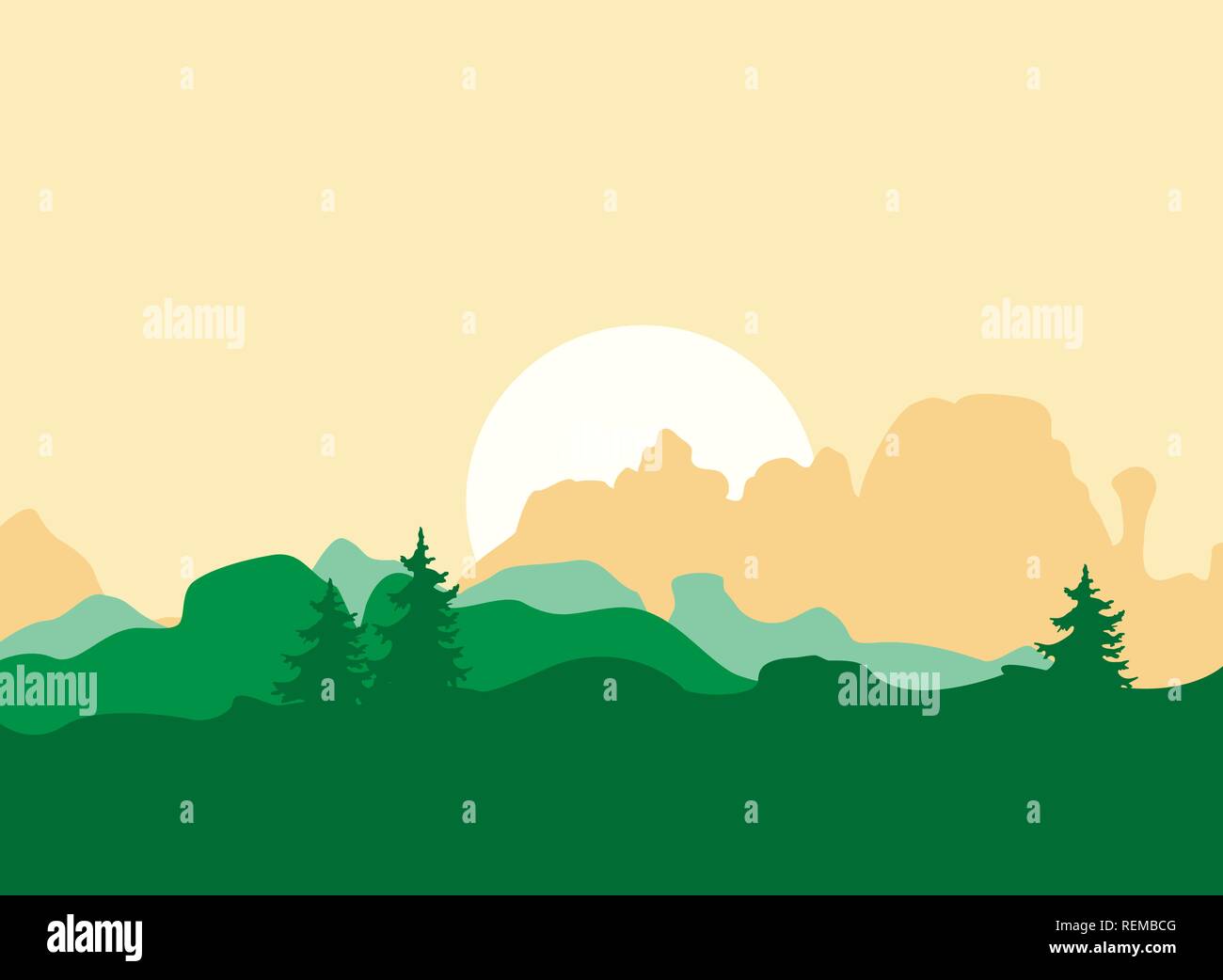 Vector Morning Background with Mountains, and Trees. Stock Vector