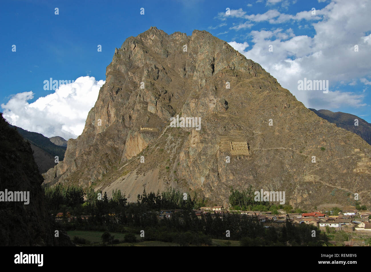 Moutain in Inca Sacred Valley with ruins Stock Photo
