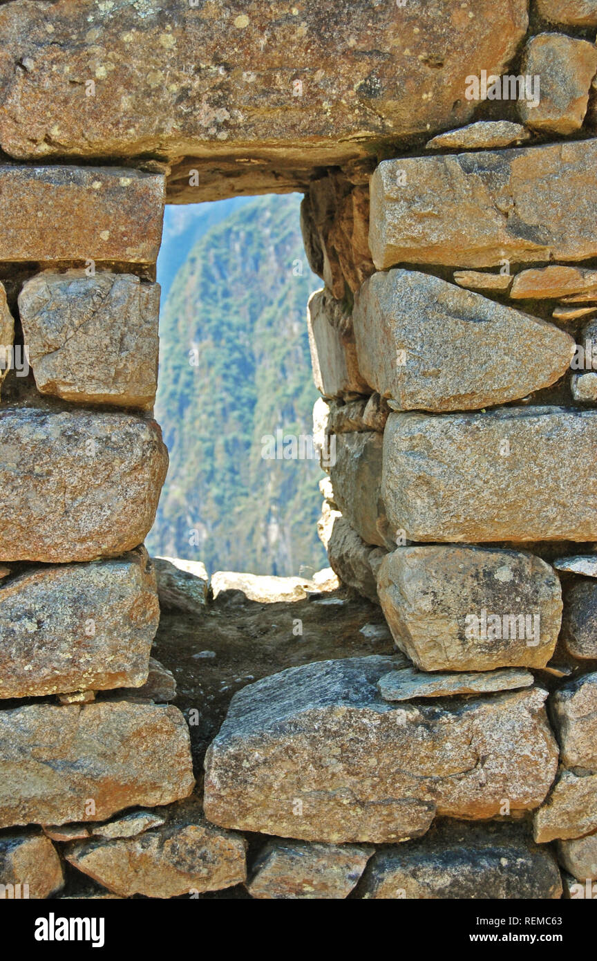 Detais of window or idol shelf in Machu Picchu, Peru Stock Photo