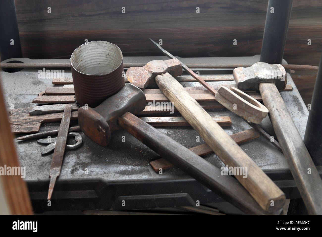 old hammers used by blacksmith in Stock Photo Alamy