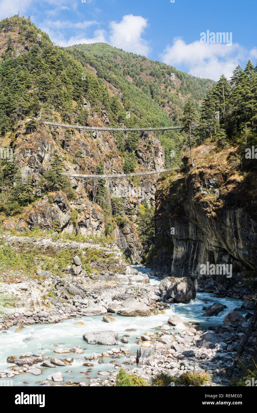 Double Suspension bridges, Sagarmatha National Park, Nepal Stock Photo