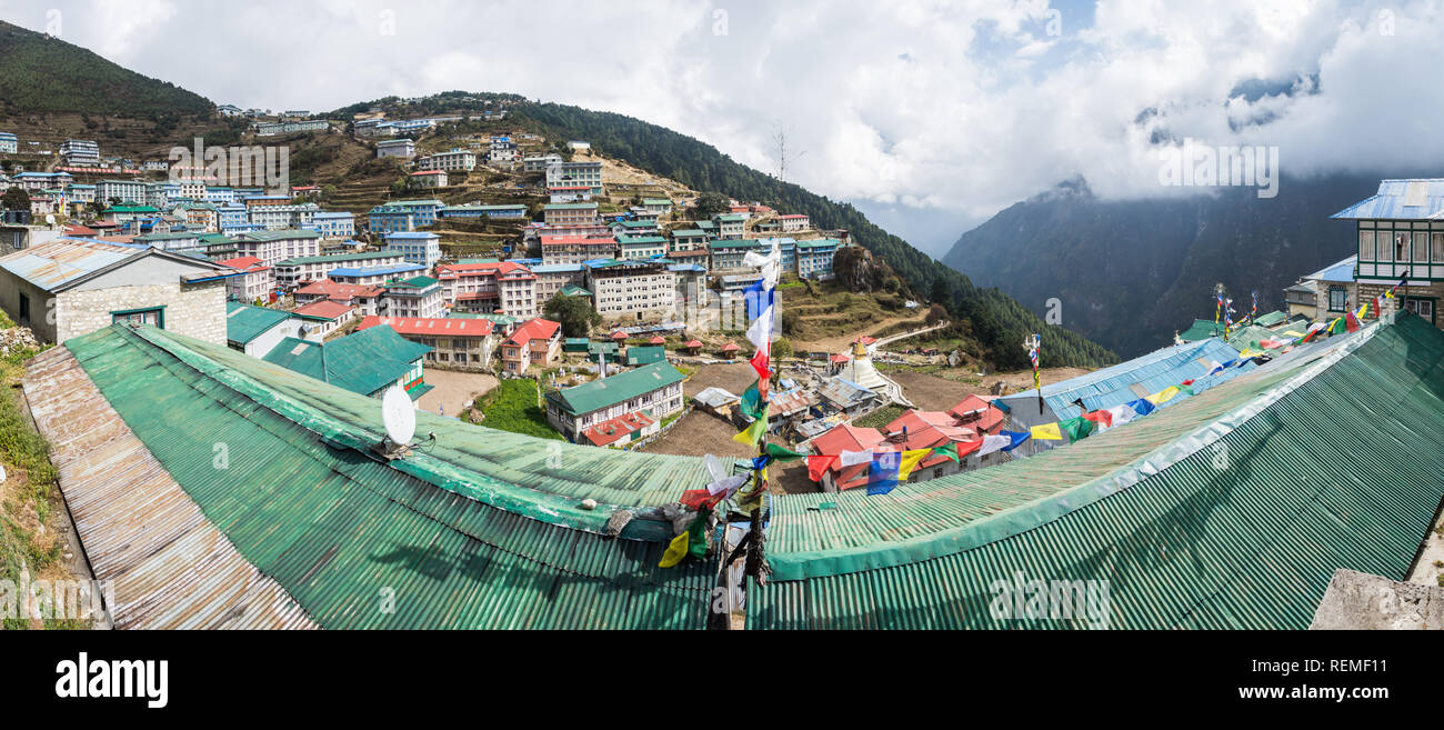 Panorama of Namche Bazaar village on a cloudy day, Sagarmatha, Nepal Stock Photo