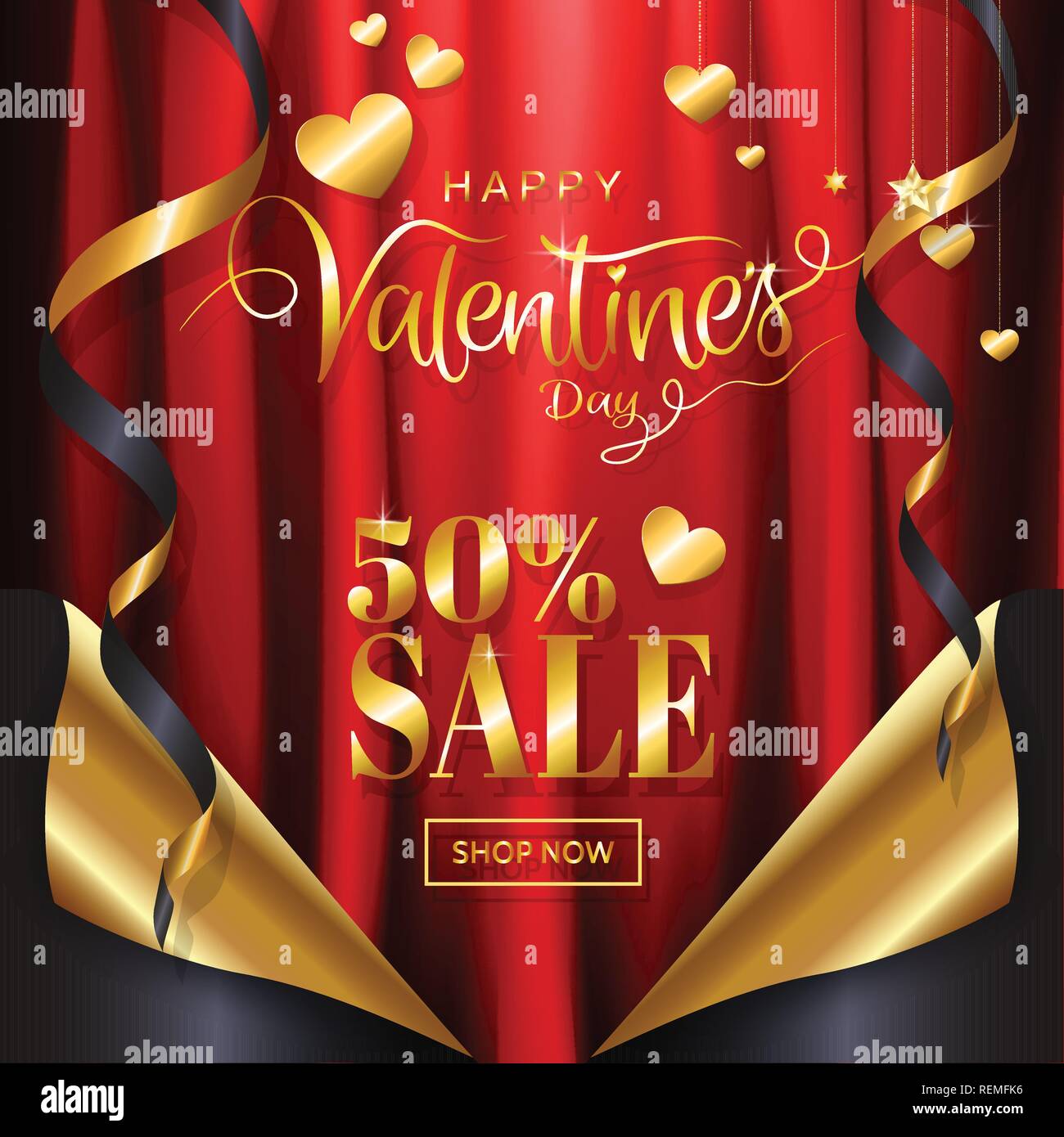 Valentine's day sale background page curl style with red satin fabric background with gold ribbin, glitter ornamental calligraphy for promotion banner Stock Vector