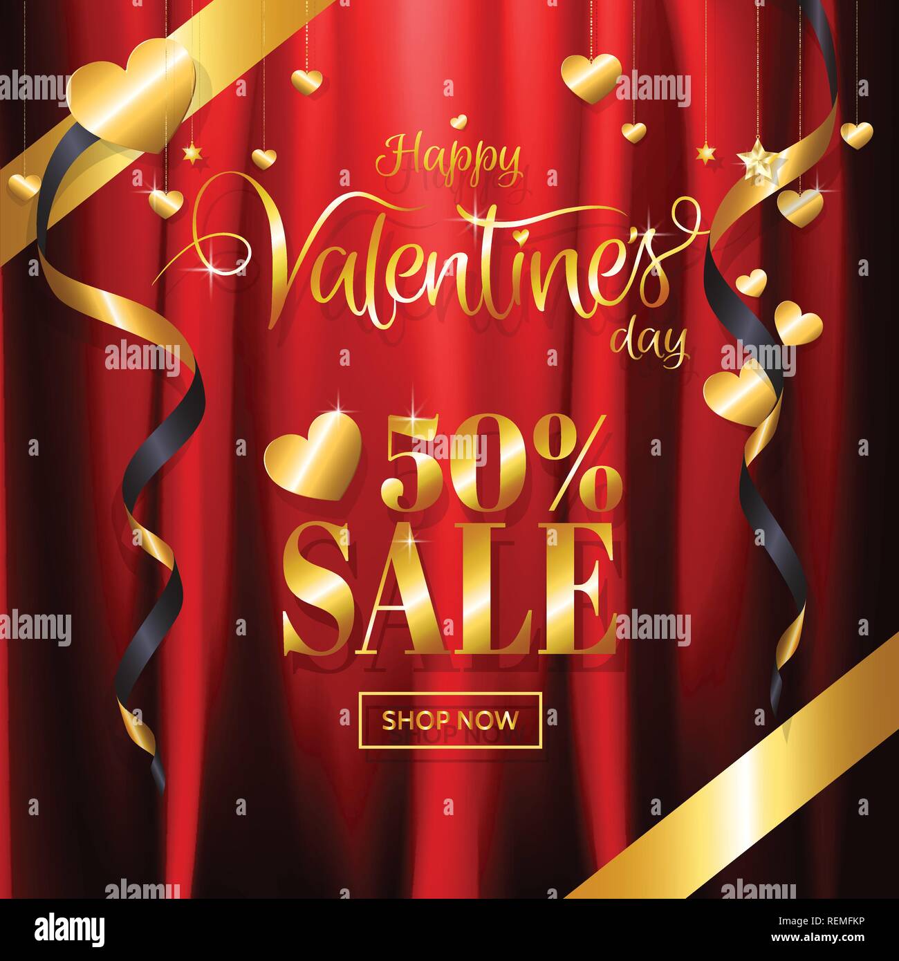 Luxury Valentine's day sale with red gold background calligraphy and glitter heart, star ornamental decoration on red satin fabric background for prom Stock Vector