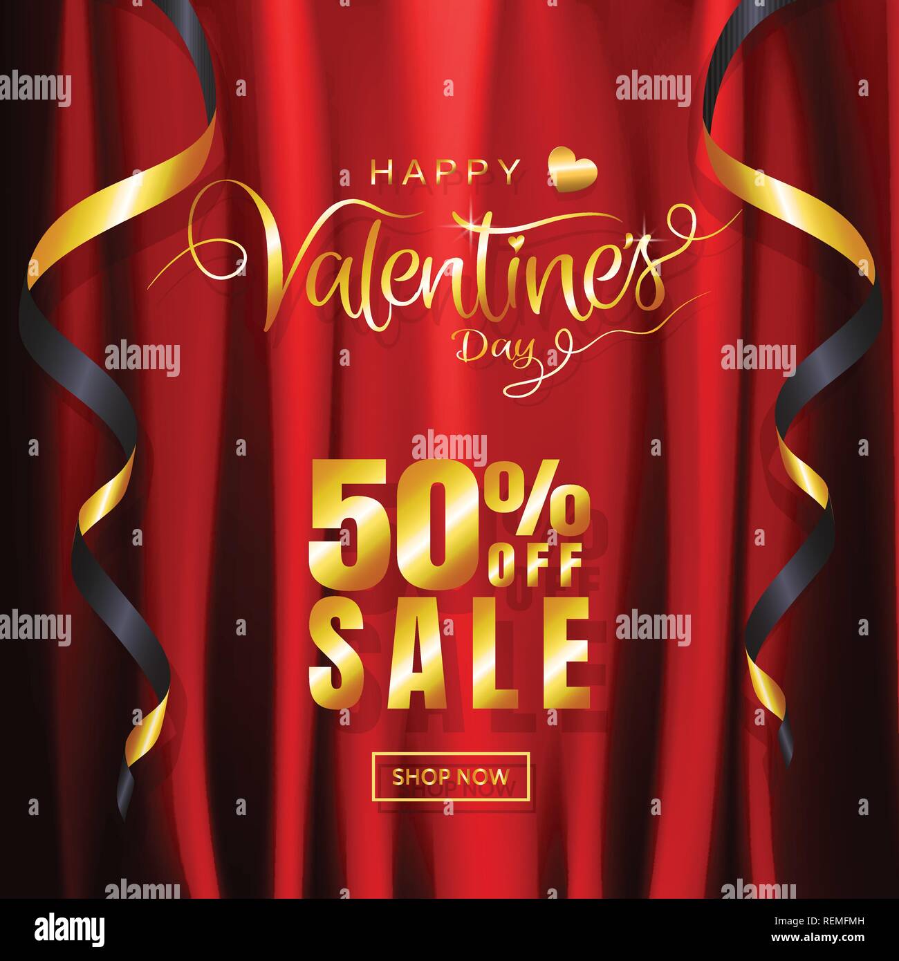 Luxury Valentine's day sale background glitter calligraphy and ornamental decoration in red gold on red satin, silk fabric background template layout  Stock Vector