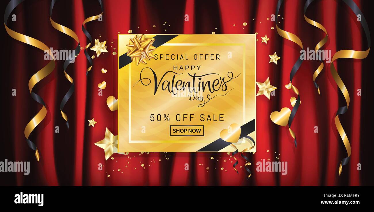 Luxury Valentines day sale banner background with gold glitter gift box and star, heart shaped on red fabric, satin, silk cloth background for promoti Stock Vector