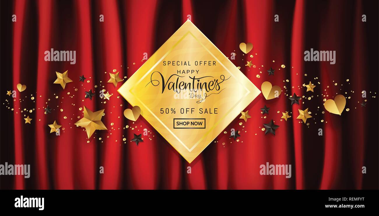 Luxury Valentines day sale banner gold glitter calligraphy, Heart, ribbin ornamental decorative on red satin background with copy space for promotion  Stock Vector