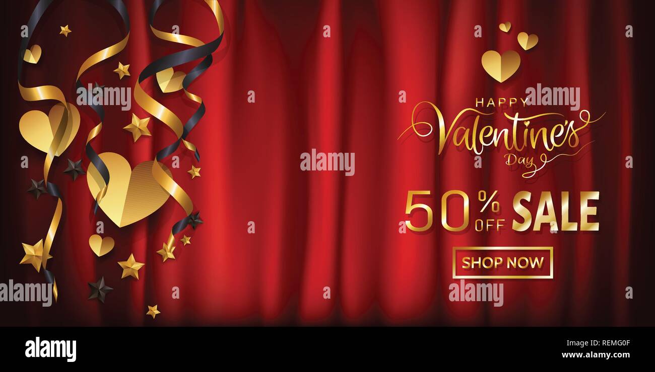 Elegance sale wide banner design for Valentines day wallpaper, background, Gold glitter calligraphy on red silk cloth background with copy space, Hear Stock Vector