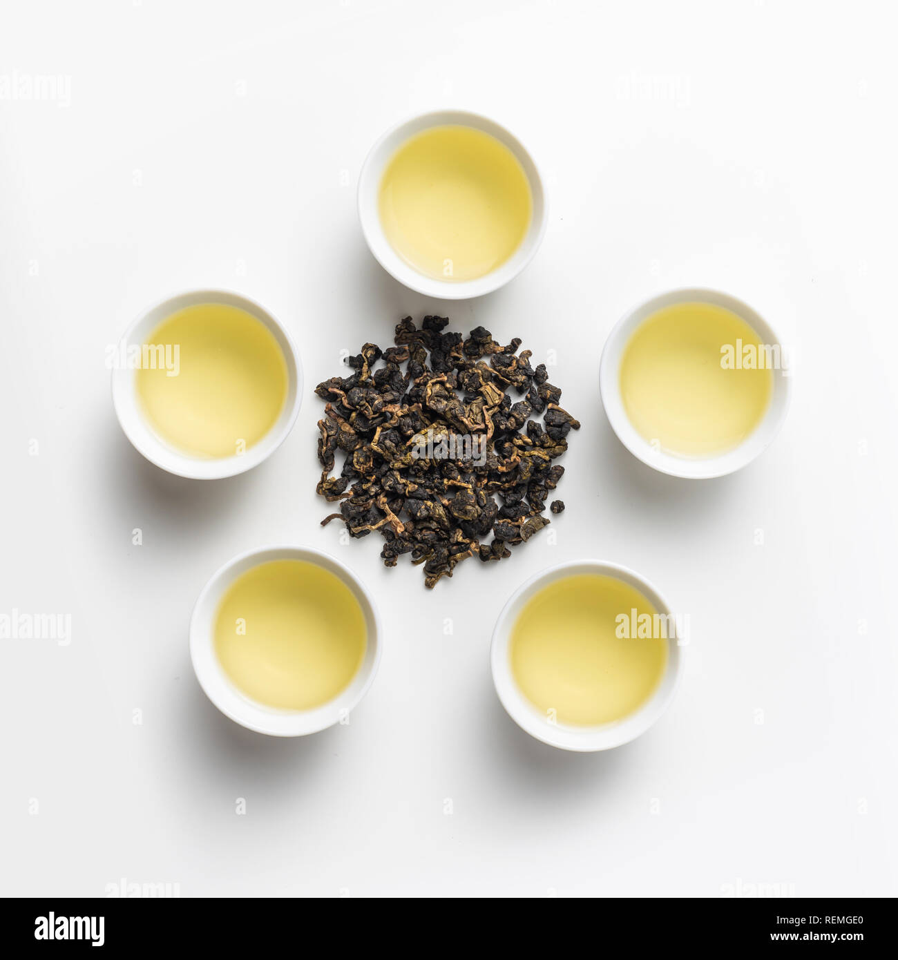 Asia culture and design concept - fresh taiwan oolong tea and 5 cup Stock Photo