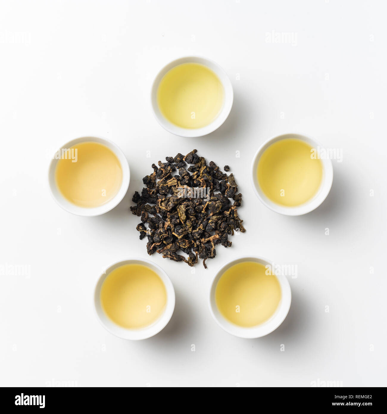 Asia culture and design concept - fresh taiwan oolong tea and 5 cup Stock Photo