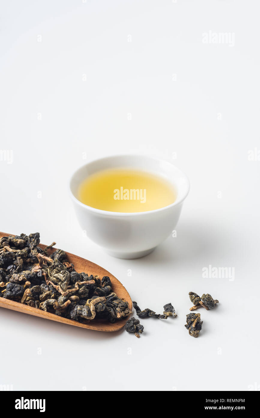 Asia culture and design concept - fresh taiwan oolong tea and cup Stock Photo