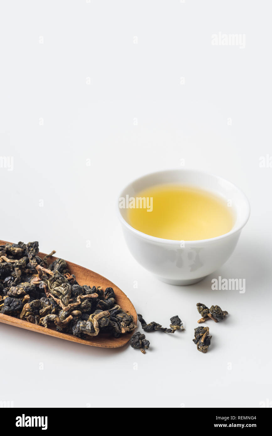 Asia culture and design concept - fresh taiwan oolong tea and cup Stock Photo