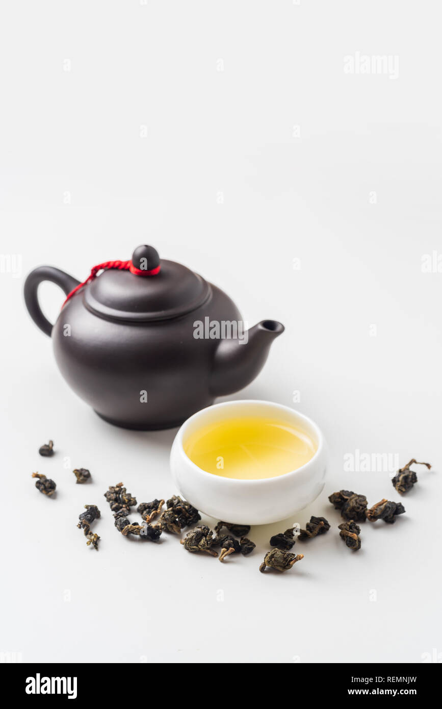 Asia culture and design concept - fresh taiwan oolong tea and teapot Stock Photo