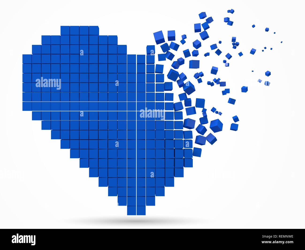 heart shaped, dissolving data block. made with blue cubes. 3d pixel style vector illustration. Stock Vector