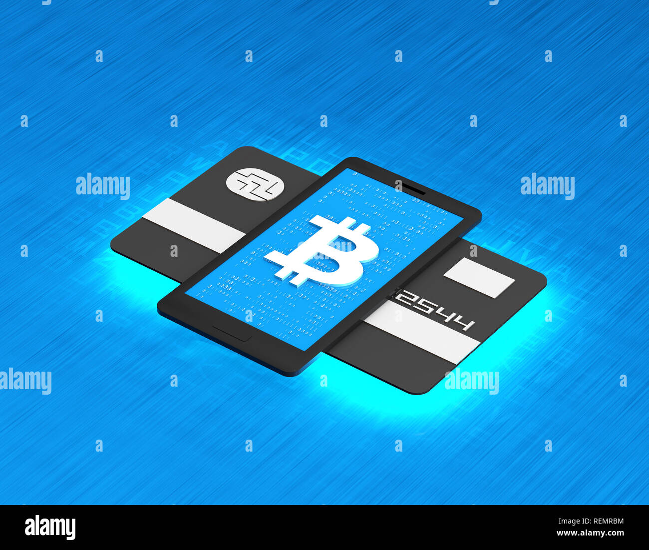 Wireless payment and financial transactions, mobile phone and bank card binding, currency symbols,bitcoin Stock Photo