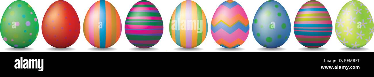 Easter holiday banner with colorful shiny easter eggs with various patterns Stock Vector