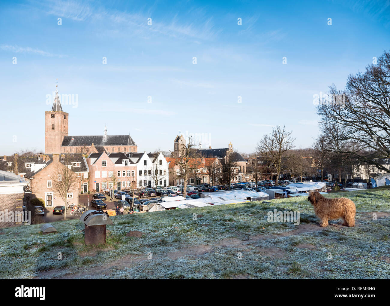 large church of naarden vesting in the netherlands with dog on the foreground on sunny winter day Stock Photo