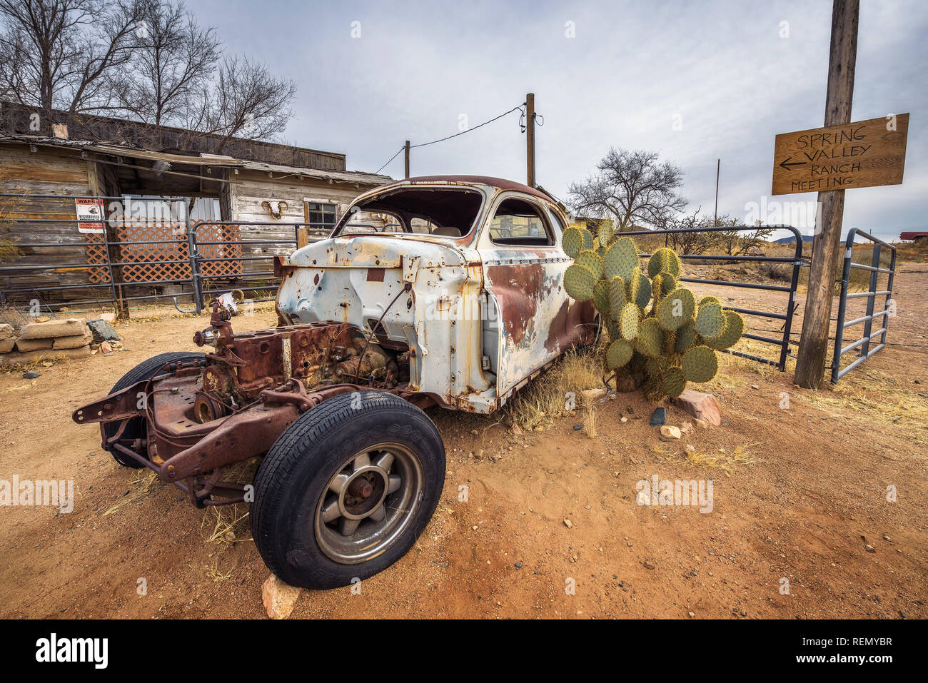Car wreck in Hackberry, Arizona Stock Photo