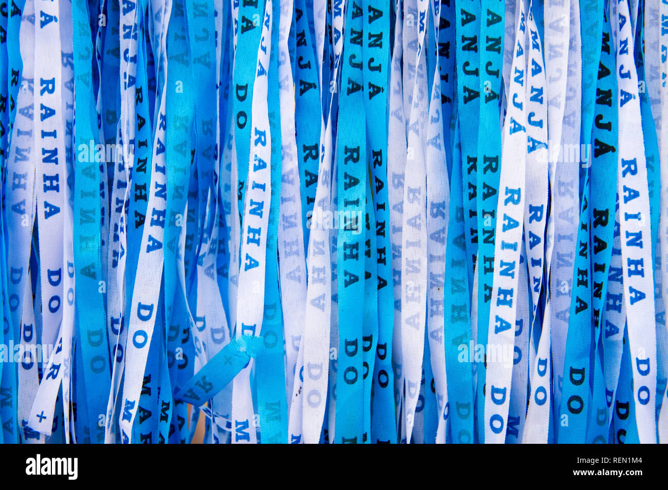 Blue Brazilian wish ribbons celebrating the Festival of Yemanja, Rainha do Mar (Queen of the Sea, in the Yoruba religion) in Salvador, Bahia, Brazil Stock Photo