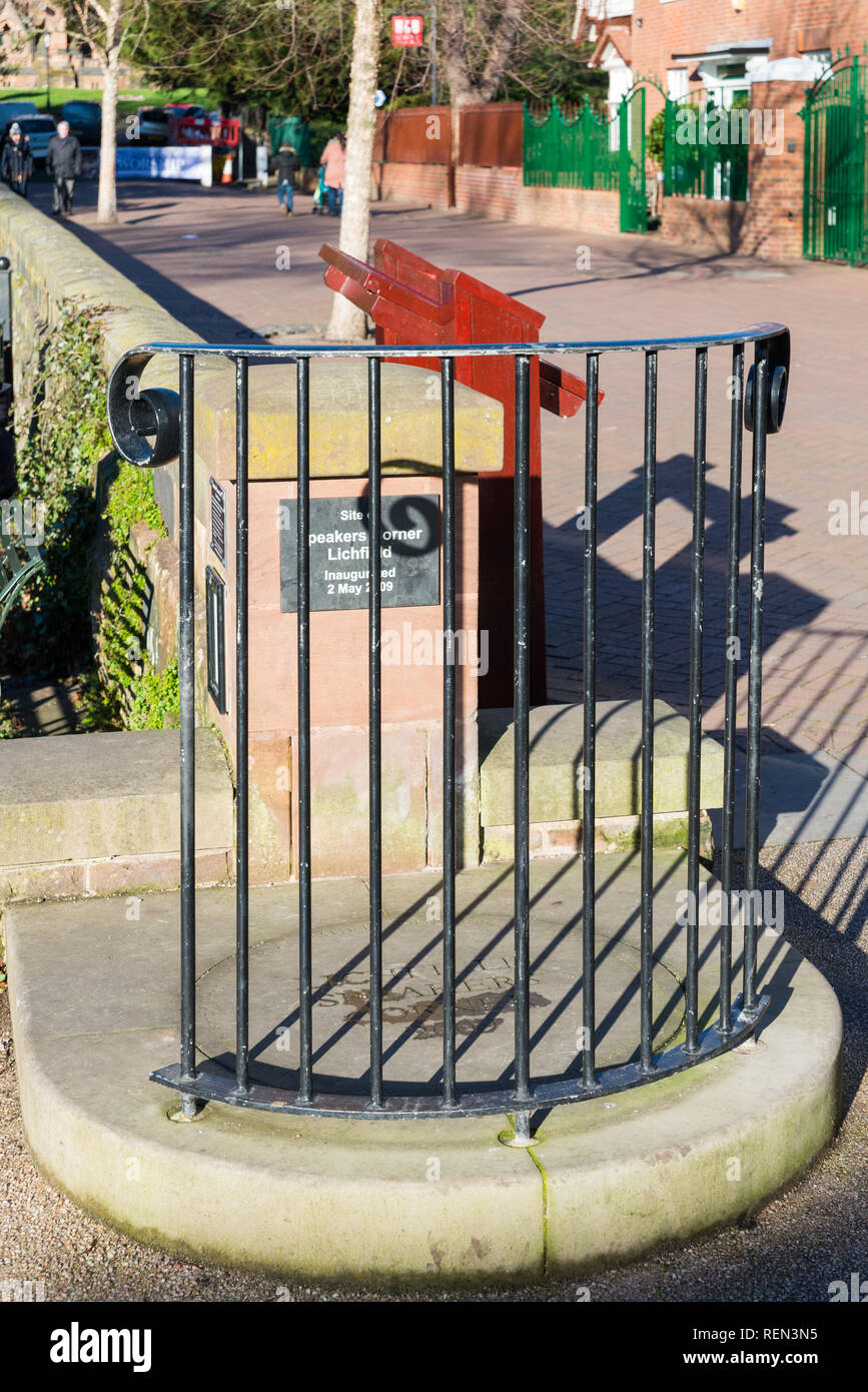Small podium at Speakers Corner in Dam Street, Lichfield, Staffordshire Stock Photo