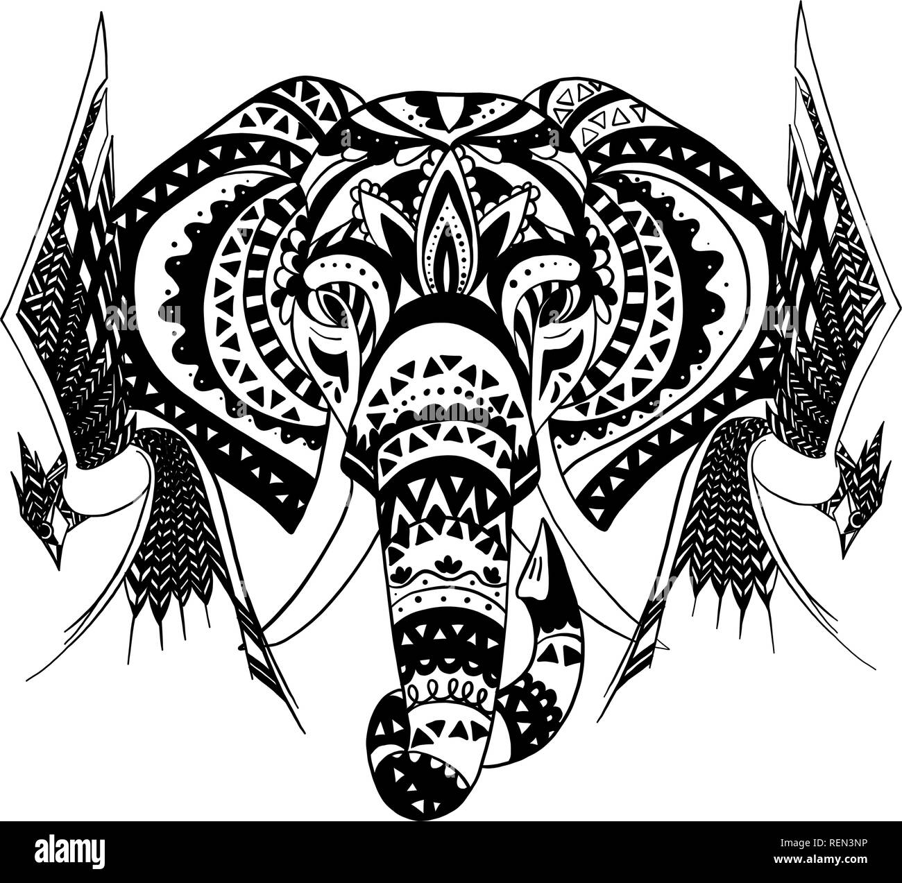 Vintage graphic vector Indian lotus ethnic elephant. African tribal ornament. Stock Vector