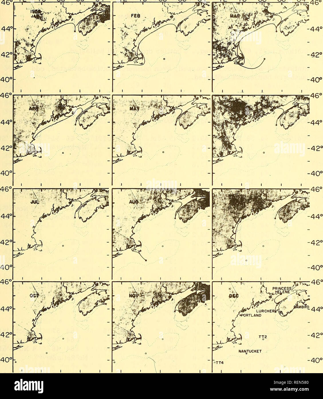 . Drift bottle records for the Gulf of Maine, Georges Bank and Bay of Fundy, 1956-58. Drift bottles; Ocean currents; Ocean currents; Ocean currents. 46' 72° 70° 68° 66° 64° 72° 70° 68° 66° 64° 72° 70° 68° 66° 64° 'r &gt;—-r TT—:—r-—sc»ci r 1 ^nr: 1 jgiso^ v'.ir- «&gt; i rr? f t^tsz'. 72° 70° 68° 66° 64° 72° 70° 68° 66° 64° 72° 70° 68° 66° 64° FIGURE 24.--Surface circulation deduced from recoveries of drift bottles launched from several positions each day during 1958. MS #1051 27. Please note that these images are extracted from scanned page images that may have been digitally enhanced for re Stock Photo