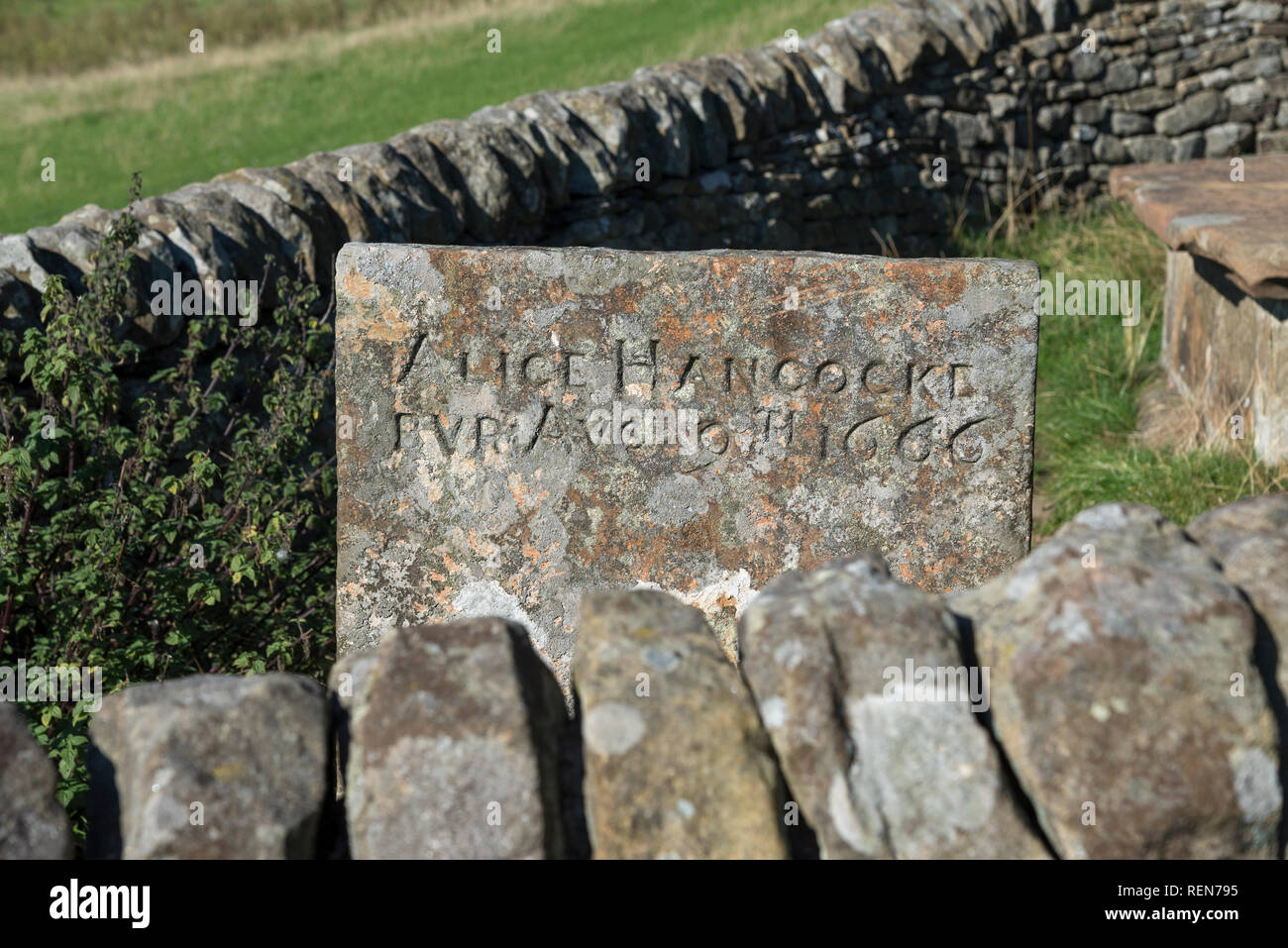 Close up of gravestone in the Riley Graves near Eyam in the Peak District, Derbyshire, England. Victims of the 17th century outbreak of plague. Stock Photo