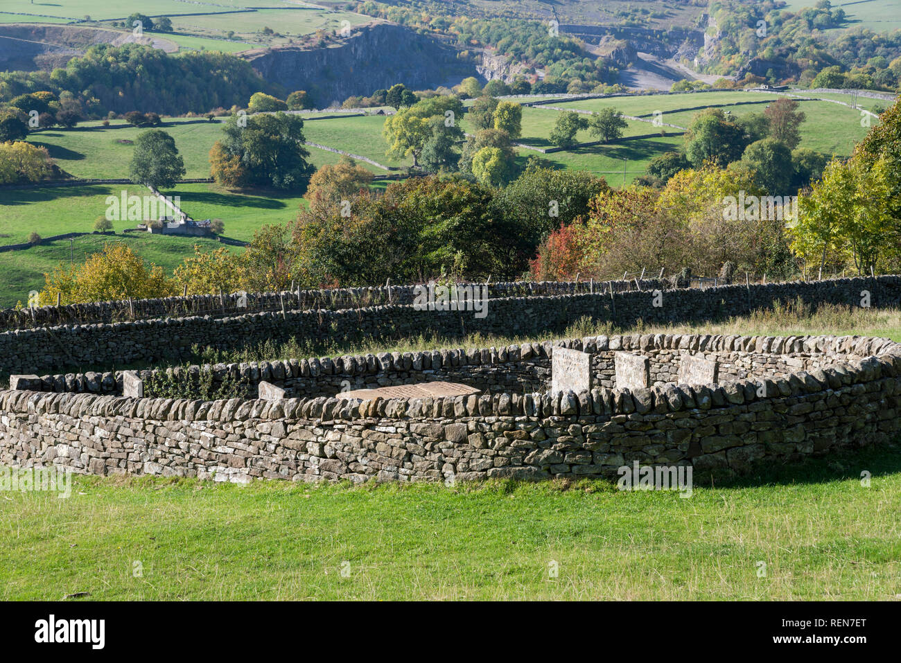 The Riley graves on the outskirts of the historic village of Eyam, Peak District, Derbyshire, England. Stock Photo